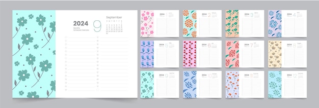 Vector set of japanese flower monthly calendar 2024 12month