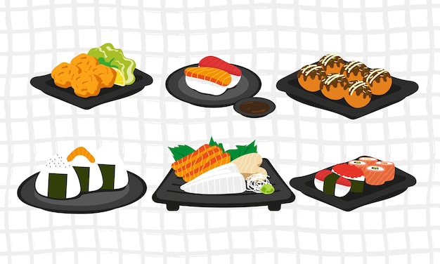 A set of Japanese food in cute flat color style vector SET 5