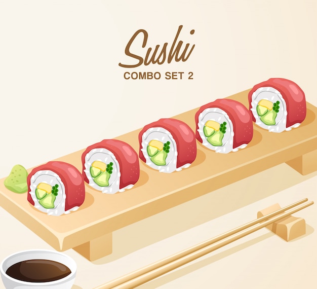 Set of Japanese Food : Sushi Rolls Set on Wooden Plate  