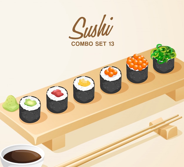 Set di cibo giapponese: sushi rolls set sul piatto di legno