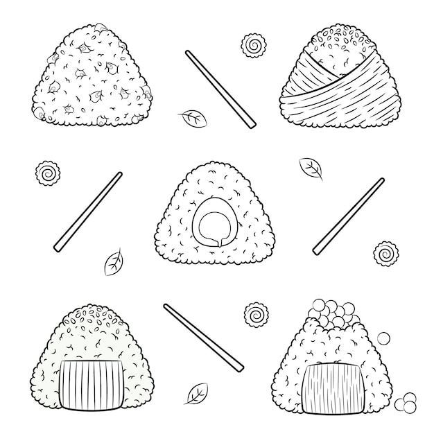 Set di riso giapponese onigiri simpatico schizzo di disegno per la colorazione