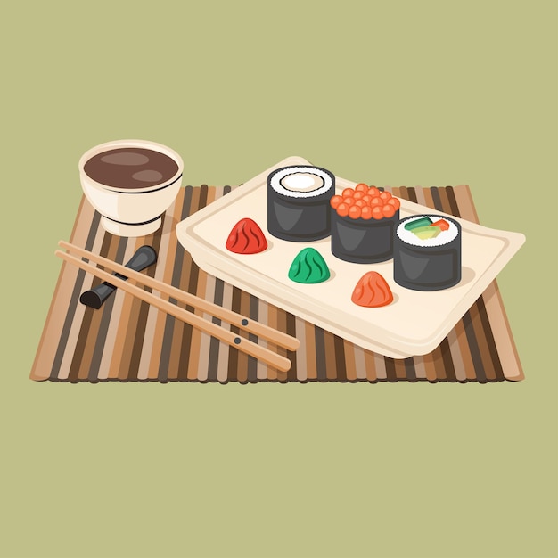 Set of Japanese rolls with chopsticks Asian dish Traditional food closeup with chopsticks napkin Vector