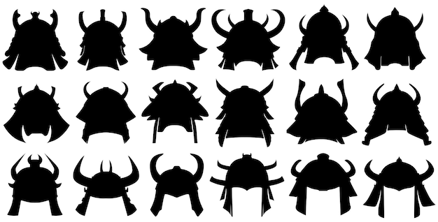 Set japanese samurai helmet black silhouette icon shogun armor symbol design vector illustration