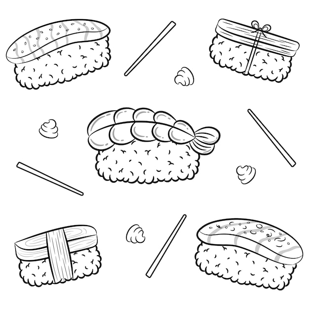 set of Japanese Sushi rice cute drawing sketch for coloring