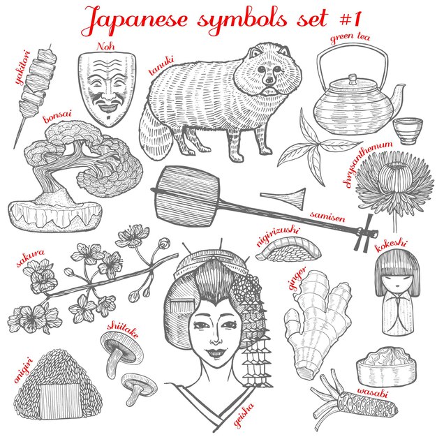 Set of japanese symbols collection in hand drawn style for surface design fliers prints cards