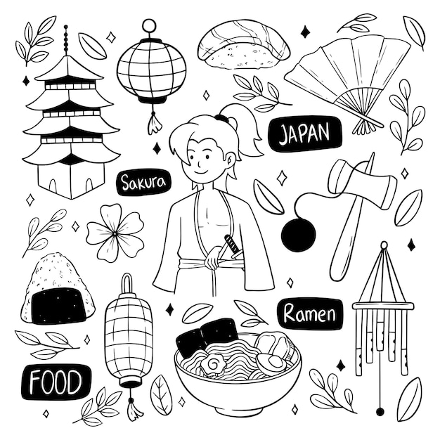 Set japanse doodle-kunst met schattige elementen