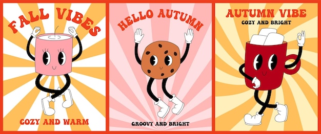Set jaren 70 80 groovy posters retro print met hippie kaars koekje mok Cartoon psychedelisch landschap vintage funky print Fall vibes gezellig en warm hallo herfst tekst Vector illustratie