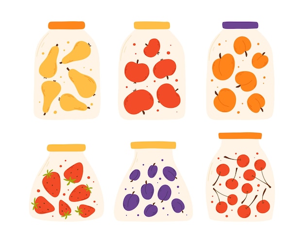 A set of jars with homemade jam Vector illustration in a flat style Hand drawn homemade fruit marmalade