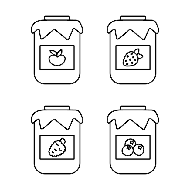 Set of jars with jam Jam flavored with apple strawberry raspberry blueberry Sweet food Outline icons