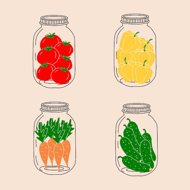 Set of jars with vegetables. Vector in cartoon style. All elements are isolated