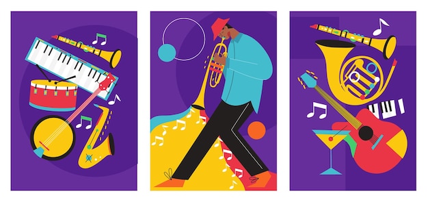 В набор постеров джазового фестиваля входят композиции, включающие саксофон, тромбон, кларнет, скрипку, контрабас, фортепиано, трубу, бас-барабан, и гитару банджо.