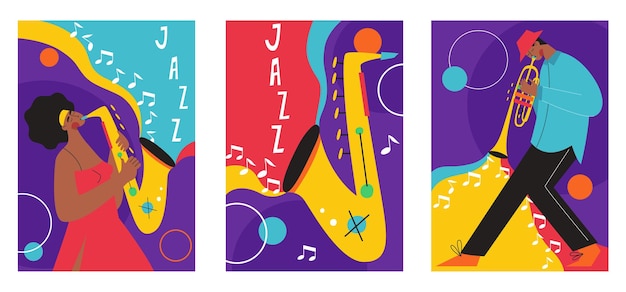 Set di composizioni di manifesti del festival jazz incluso sassofono trombone clarinetto violino contrabbasso pianoforte tromba grancassa e chitarra banjo