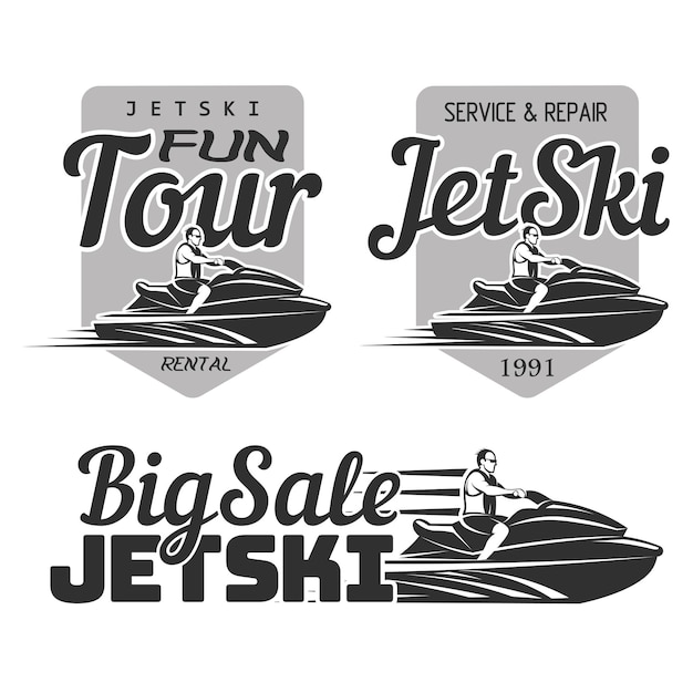Set of jet ski rental, fun tour, service and repair, big sale logo