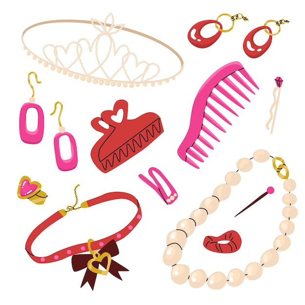 Vettore un set di gioielli e accessori per capelli nei colori oro e rosa stile di tendenza di una ragazza alla moda barbie core concept illustrazione vettoriale isolata su sfondo bianco