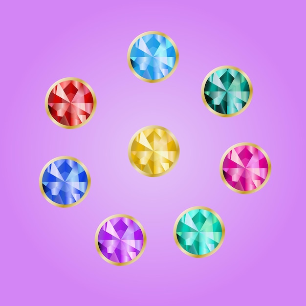 Set of jewels in a gold frame. collection of bright stone round shape in the rim. vector gems on pink background