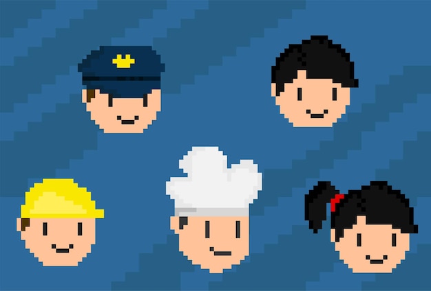 Set di icone della testa del lavoro con stile pixel art