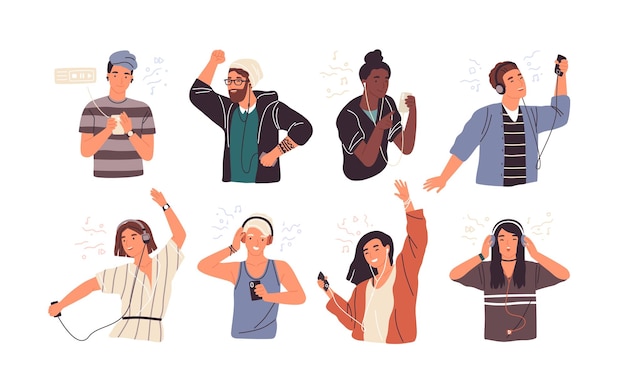 Vector set of joyful people wearing earphones and headphones, listening to music and dancing. bundle of happy boys and girls using audio player isolated on white background. flat cartoon vector illustration.