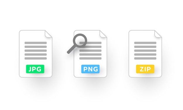 Set of jpg, png, zip with magnify glass, File type icons, Text document, Worksheet, Business icon