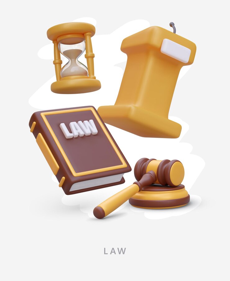 Set of judicial system symbols 3D tribune with microphone hourglass law book judges gavel