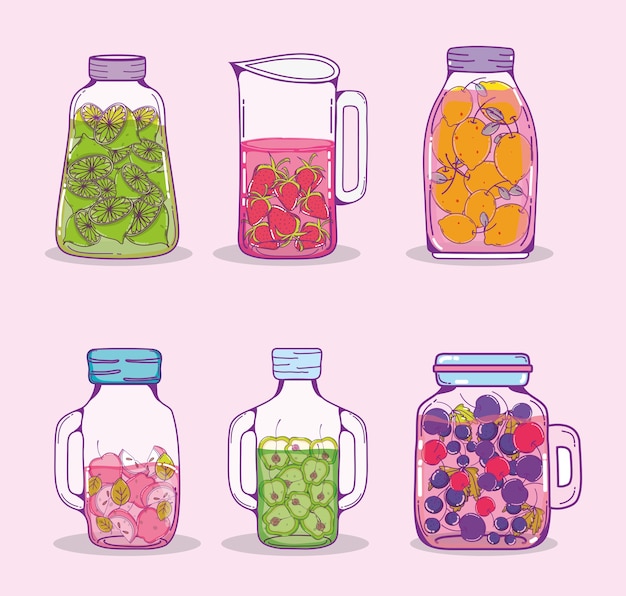 Set of juice mason jars cartoons 