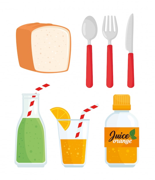 Set of juices with bread and utensils 