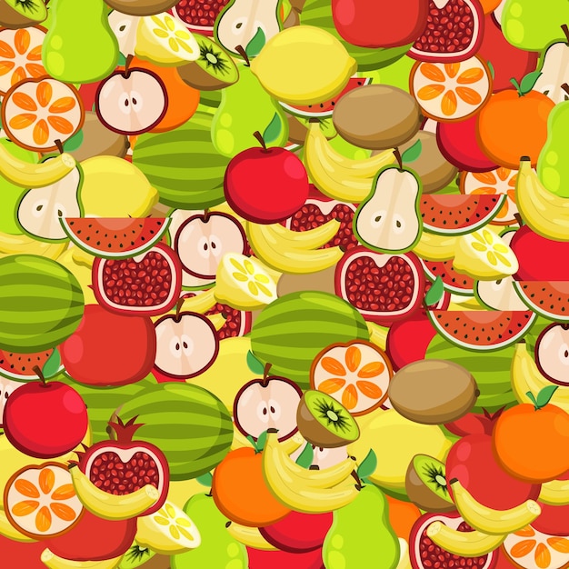 a set of juicy ripe fruits and slices apple kiwi pear watermelon orange banana pomegranate lemon