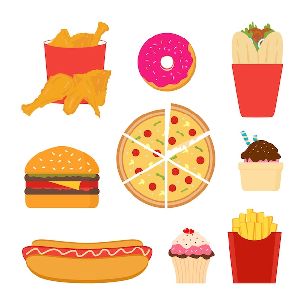 Set of junk or fast foods isolated on white background in flat element style.