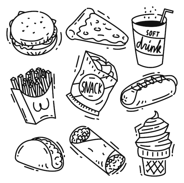 Set of junk food icon doodle isolated on white background