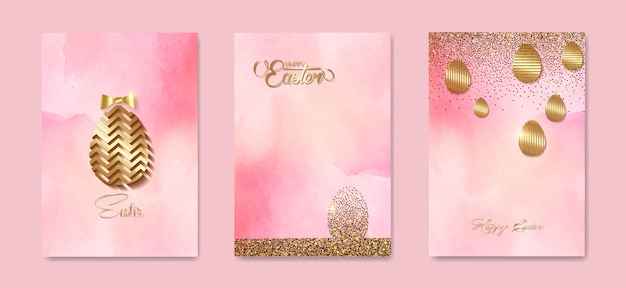 set kaart Happy Easter gouden textuur luxe roze aquarel achtergrond Pasen vakantie uitnodigingen