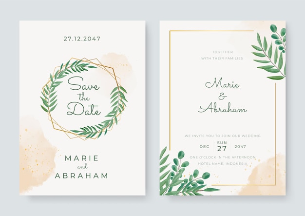 Set kaart met groene bloemen, laat aquarel. Bruiloft sieraad concept. Bloemenposter, uitnodigen. Vector decoratieve wenskaart of uitnodiging ontwerp. Luxe gouden lijn frame op witte achtergrond