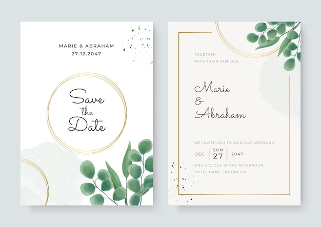 Set kaart met groene bloemen, laat aquarel. Bruiloft sieraad concept. Bloemenposter, uitnodigen. Vector decoratieve wenskaart of uitnodiging ontwerp. Luxe gouden lijn frame op witte achtergrond