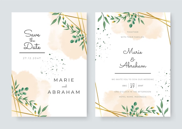 Set kaart met groene bloemen, laat aquarel. bruiloft sieraad concept. bloemenposter, uitnodigen. vector decoratieve wenskaart of uitnodiging ontwerp. luxe gouden lijn frame op witte achtergrond