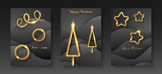 Set kaarten merry christmas gouden textuur, gouden luxe elementen, zwart papier gesneden achtergrond