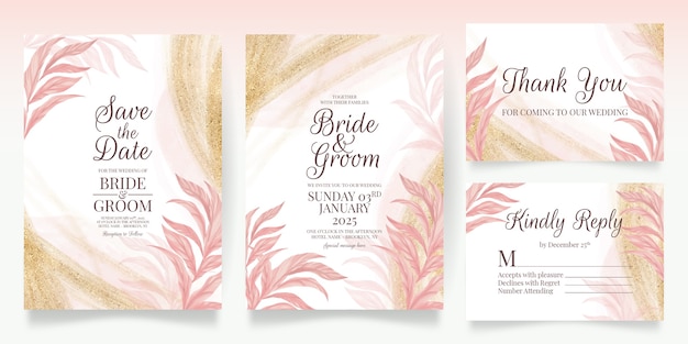 set kaarten met florale decoratie roze bruiloft uitnodiging sjabloonontwerp glitter bladeren
