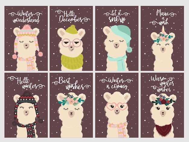 Vector set kaarten met schattige cartoon lama en winter slogans. bundel posters met alpaca met sneeuwvlokken terug.