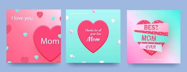 Set kaarten voor moederdag met roze harten op een achtergrond met kleurovergang vector hartvormige liefde symbolen voor happy mother s day wenskaart ontwerp