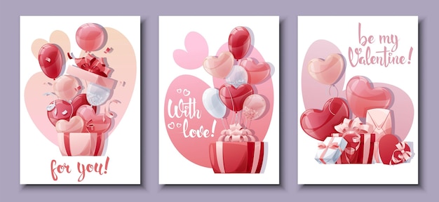 Vector set kaarten voor valentijnsdag en moedersdag posterbanner met ballonnen en geschenkdoos achtergrond