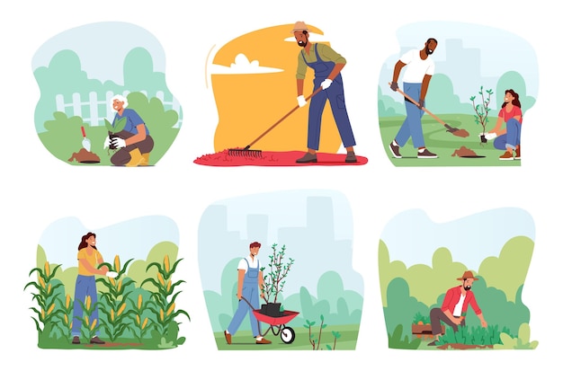 Set karakters ondergedompeld in tuinieren, handen in de bodem, planten verzorgen en oogsten, stralen vreugde uit temidden van de natuur, mensen creëren een serene oase van groei en rust cartoon vectorillustratie