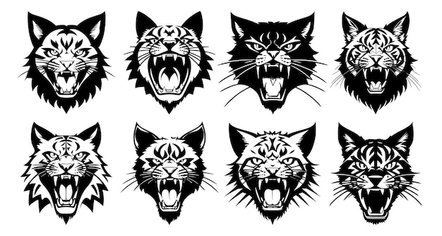 Vector set kattenkoppen met open mond en ontblote hoektanden met verschillende boze uitdrukkingen van de snuit symbolen voor tattoo-embleem of logo geïsoleerd op een witte achtergrond