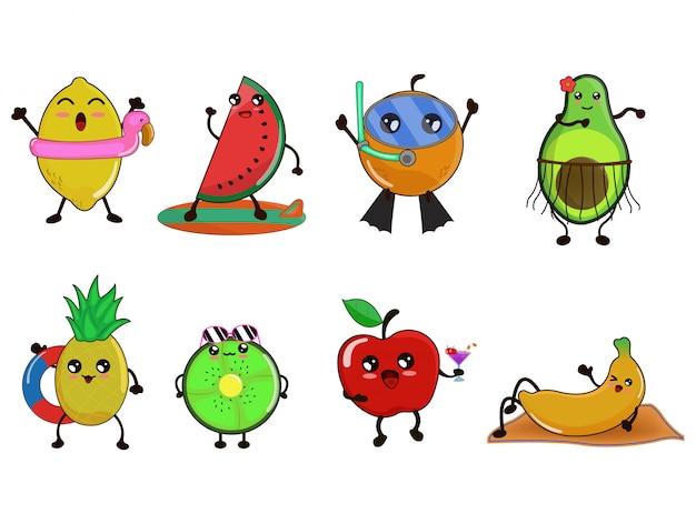 Vector set of kawai cartoon fruit tropical illustration