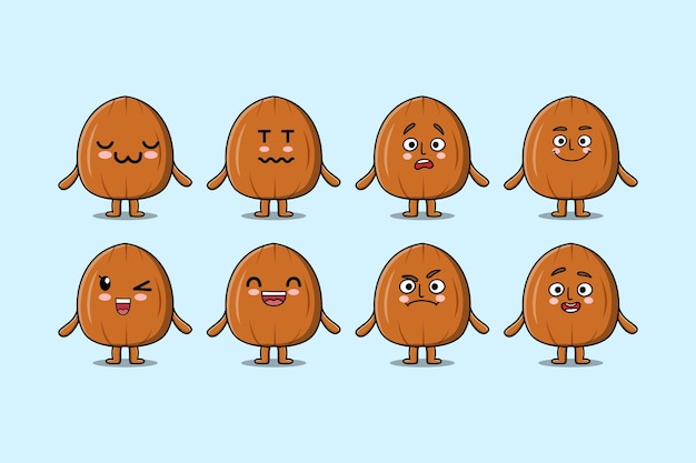 Set kawaii Almond nut cartoon character with different expressions of cartoon vector illustratition