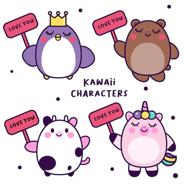 Set of Kawaii Animals holding love 