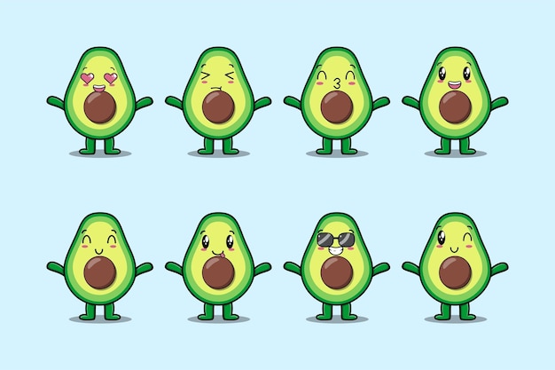 Vettore imposta il personaggio dei cartoni animati di avocado kawaii con diverse espressioni di illustrazioni vettoriali di cartoni animati