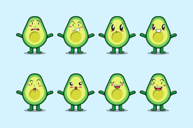 Vettore imposta il personaggio dei cartoni animati di avocado kawaii con diverse espressioni di illustrazioni vettoriali di cartoni animati