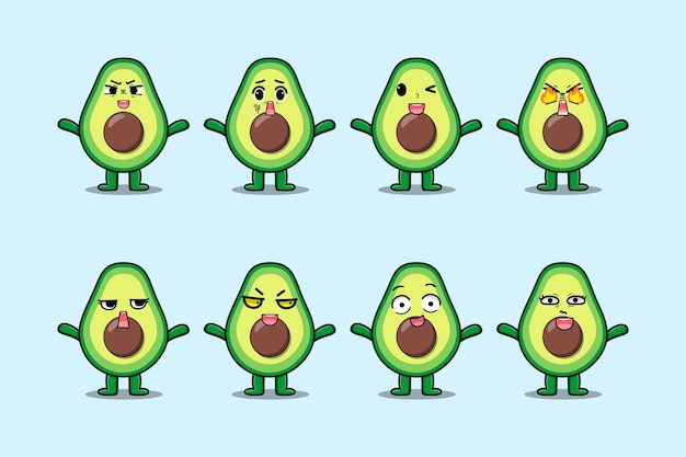 Установите персонажа мультфильма кавайи авокадо с различными выражениями векторных иллюстраций лица мультфильма