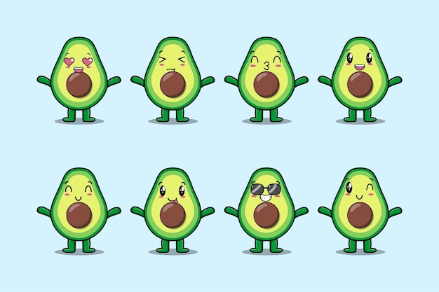 Set kawaii avocado stripfiguur met verschillende uitdrukkingen van cartoon gezicht vectorillustraties