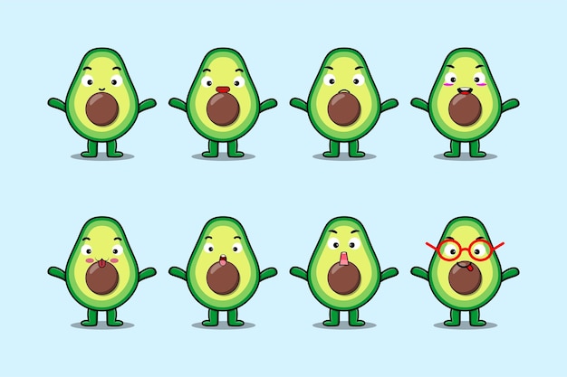 Vector set kawaii avocado stripfiguur met verschillende uitdrukkingen van cartoon gezicht vectorillustraties