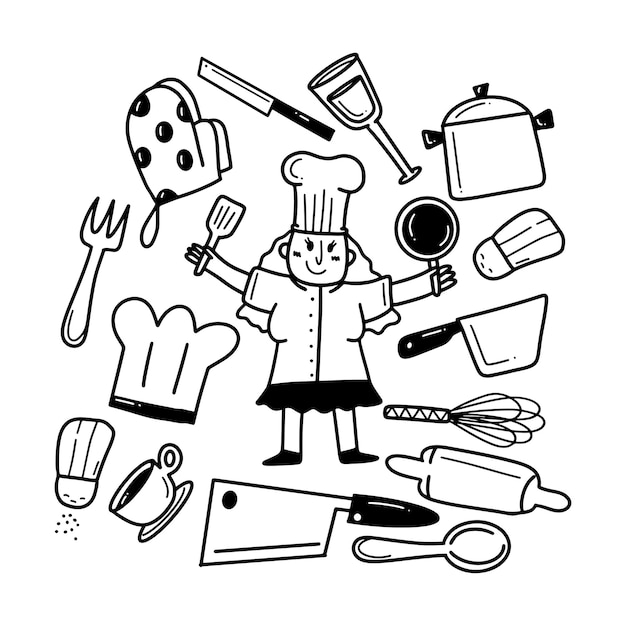 Set of kawaii baking equipment doodles hand drawn