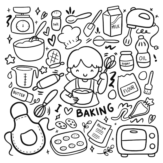 Vector set of kawaii baking equipment doodles vector clip art