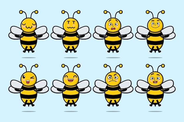 Set kawaii bee cartoon character with different expressions of cartoon face vector illustrations